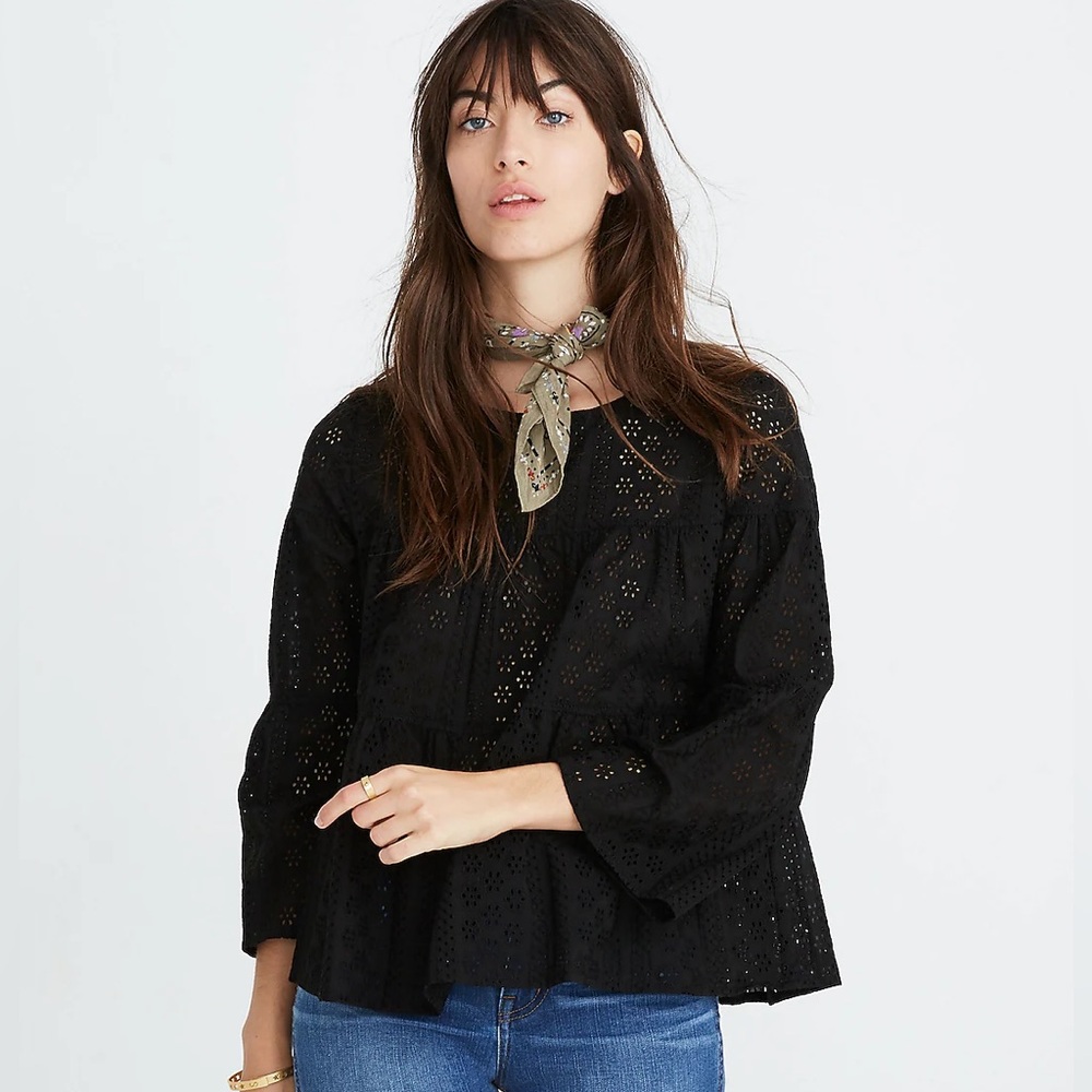 Madewell Black Eyelet Tiered Button-Back Top Bohemian Boho Indie Blouse Shirt